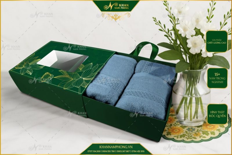 Set 3 Khăn Quà Tặng V-Bamboo 34×80 40×60 60×120 Màu Xanh Bụi