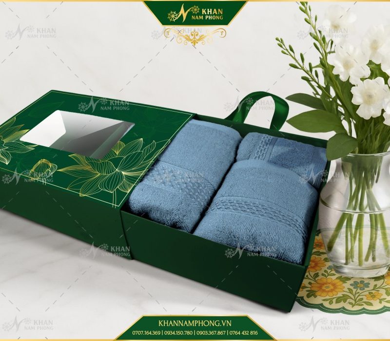Set 3 Khăn Quà Tặng V-Bamboo 34×80 40×60 60×120 Màu Xanh Bụi