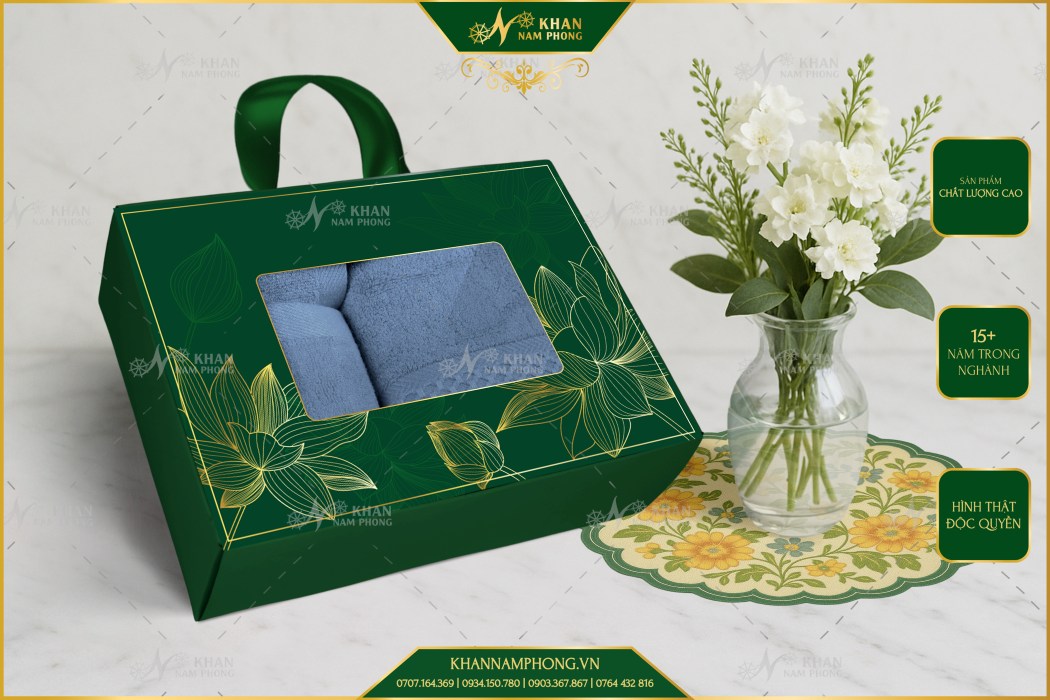 Set 3 Khăn Quà Tặng V-Bamboo Cho Đối Tác Màu Xanh Bụi KT- 34x80cm 40x60cm 60x120cm