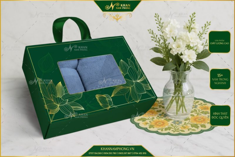 Set 3 Khăn Quà Tặng V-Bamboo 34×80 40×60 60×120 Màu Xanh Bụi