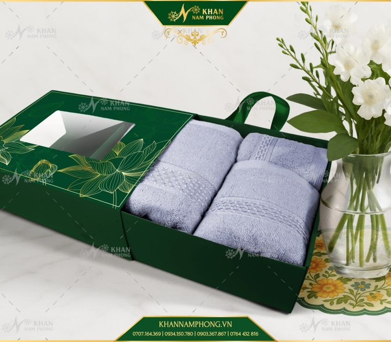 Set 3 Khăn V-Bamboo Tặng Đối Tác 34x80 40x80 60x120 Màu Xám Xanh