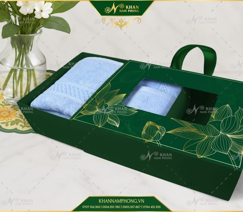 Set 3 Khăn V-Bamboo Tặng Đối Tác 34x80 40x80 60x120 Màu Xanh Trời