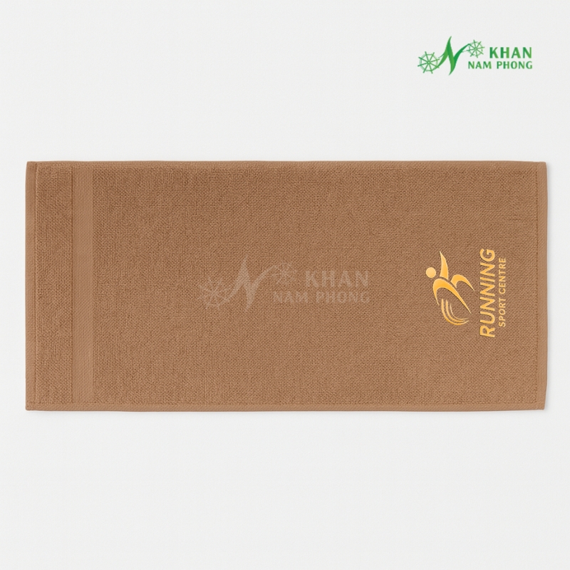 Khăn Chạy Bộ 100% Cotton Màu Nâu Cà Phê Thêu Logo 34x80cm
