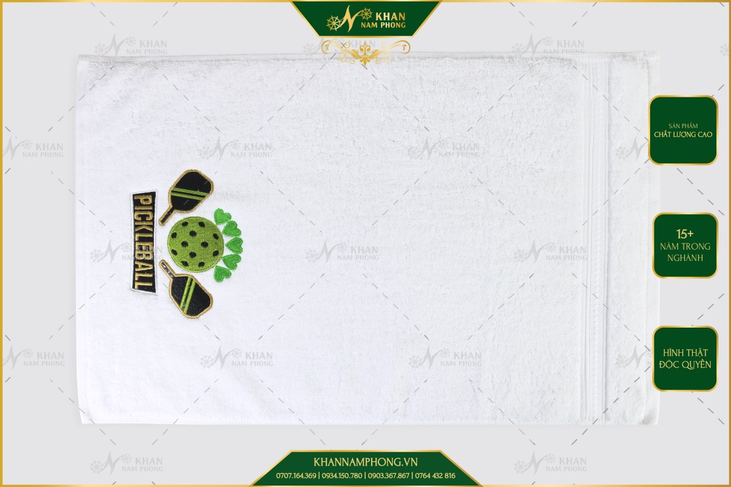 Khăn Thể Thao Pickleball Cotton Cao Cấp Màu Trắng 34x80cm Thêu Logo
