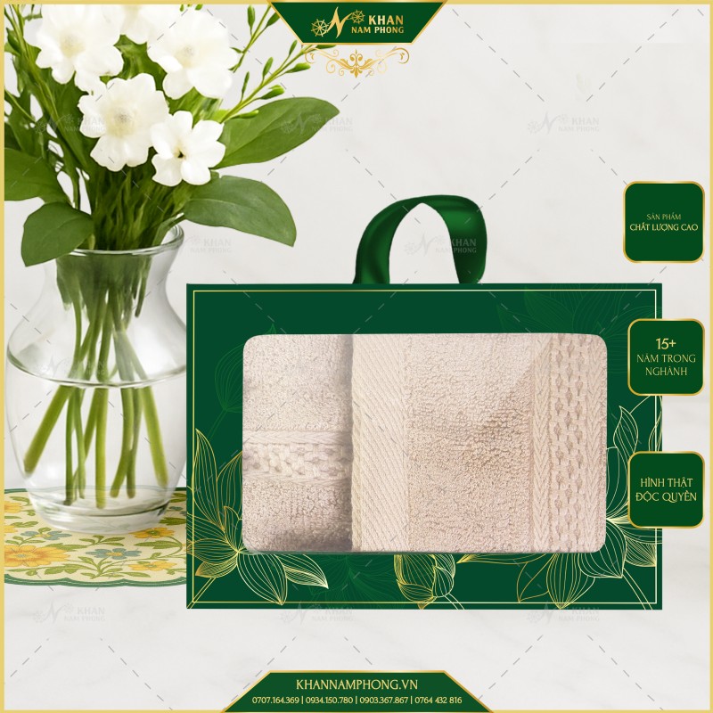 Hộp Quà 2 Khăn V-Bamboo Màu Nâu Nhạt Cao Cấp 28x50cm & 34x80cm