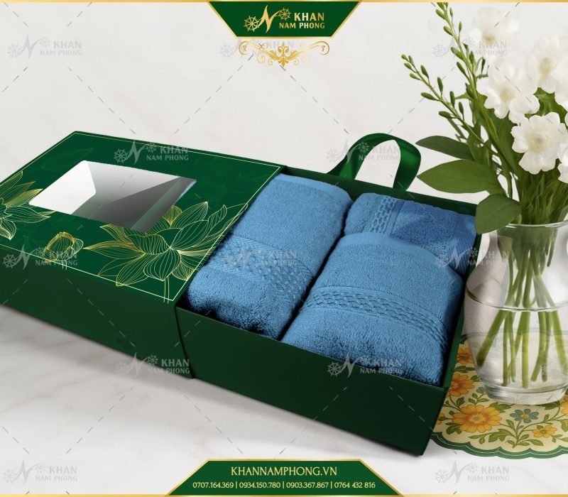 Set 3 Khăn Quà Tặng V-Bamboo Cho Đối Tác Màu Xanh Vintage KT- 34x80cm 40x60cm 60x120cm