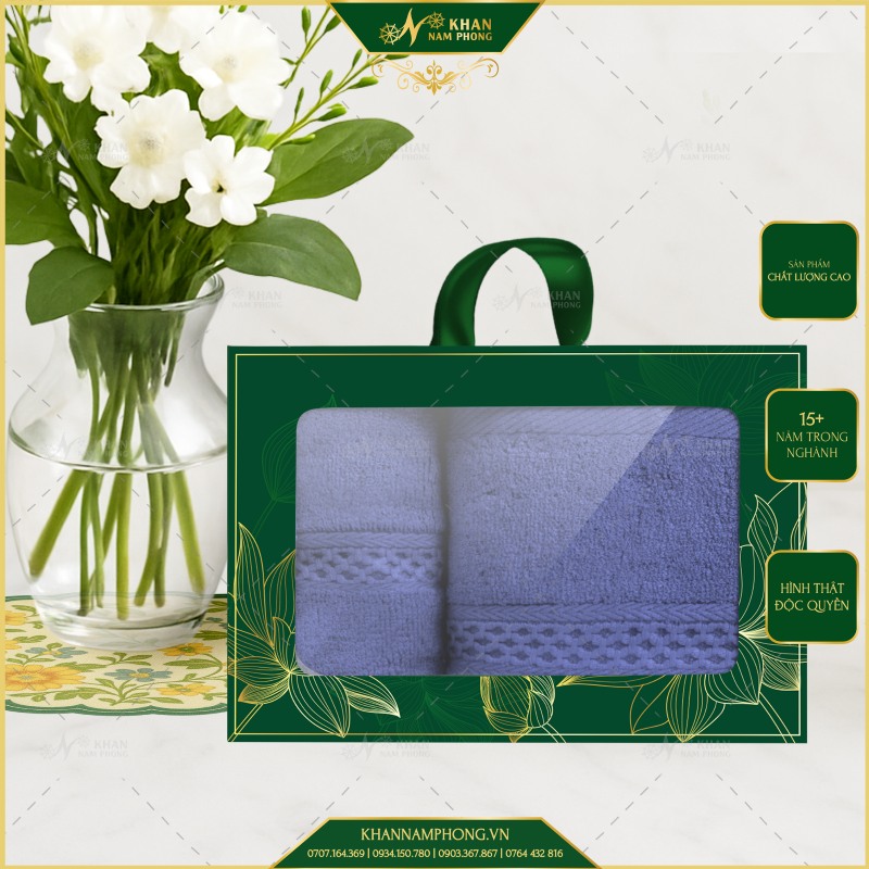 Hộp Quà 2 Khăn V-Bamboo Màu Xanh Navy Cao Cấp 28x50cm & 34x80cm