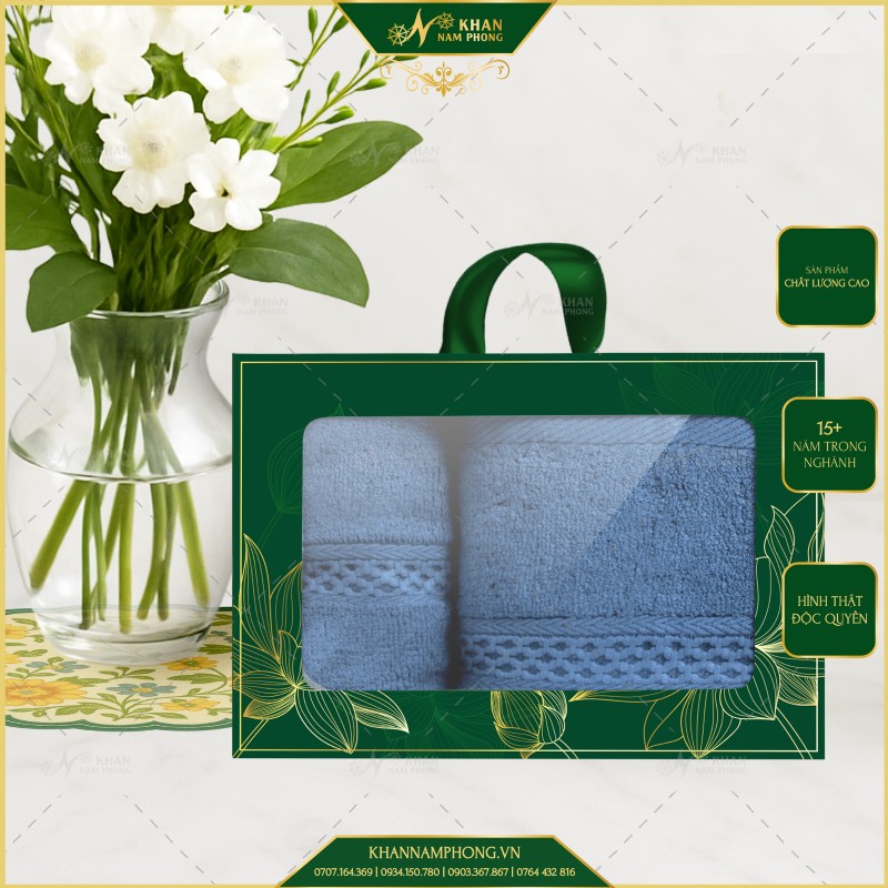 Hộp Quà 2 Khăn V-Bamboo Màu Xanh Bụi Có Nắp Độc Quyền Cao Cấp 28x50cm & 34x80cm