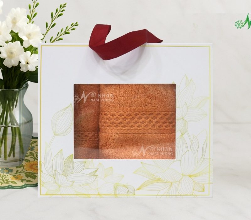 Combo 2 Khăn Quà Tặng VBamboo 28x50cm & 50x100cm Màu Cam Đất Đóng Gói Hộp Kéo Trắng