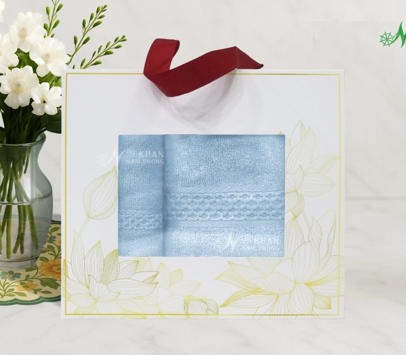 Combo 2 Khăn Quà Tặng VBamboo 28x50cm & 50x100cm Màu Xanh Da Trời Đóng Gói Hộp Kéo Trắng