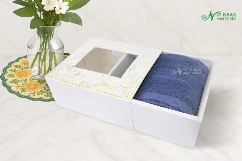 Combo 2 Khăn Quà Tặng VBamboo 28x50cm & 50x100cm Màu Xanh Navy Đóng Gói Hộp Kéo Trắng