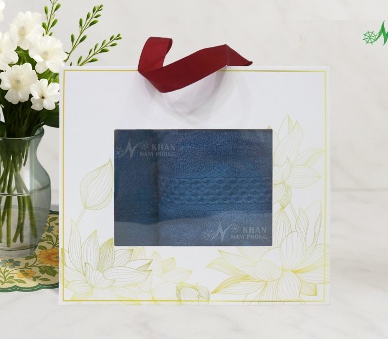 Combo 2 Khăn Quà Tặng VBamboo 28x50cm & 50x100cm Màu Xanh Vintage Đóng Gói Hộp Kéo Trắng