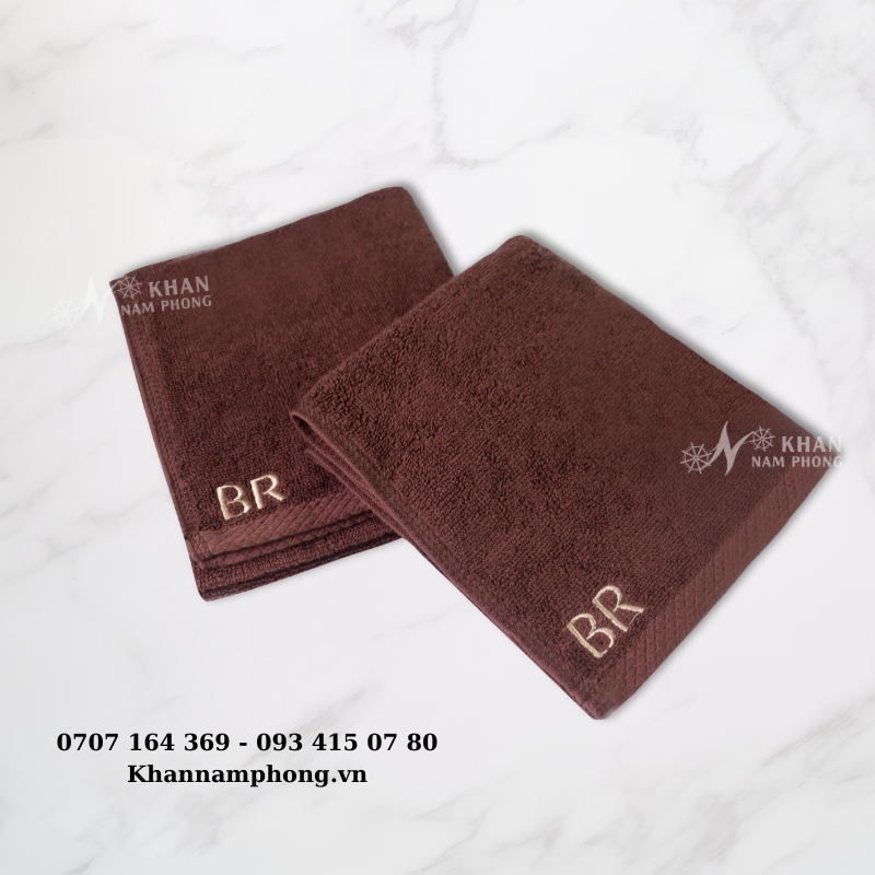 Khăn Làm Nails, Làm Móng Thêu Logo 100% Cotton Màu Nâu Socola 34x34cm