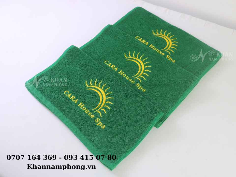 Khăn Spa Thêu Logo 100% Cotton Màu Xanh Lá Đậm