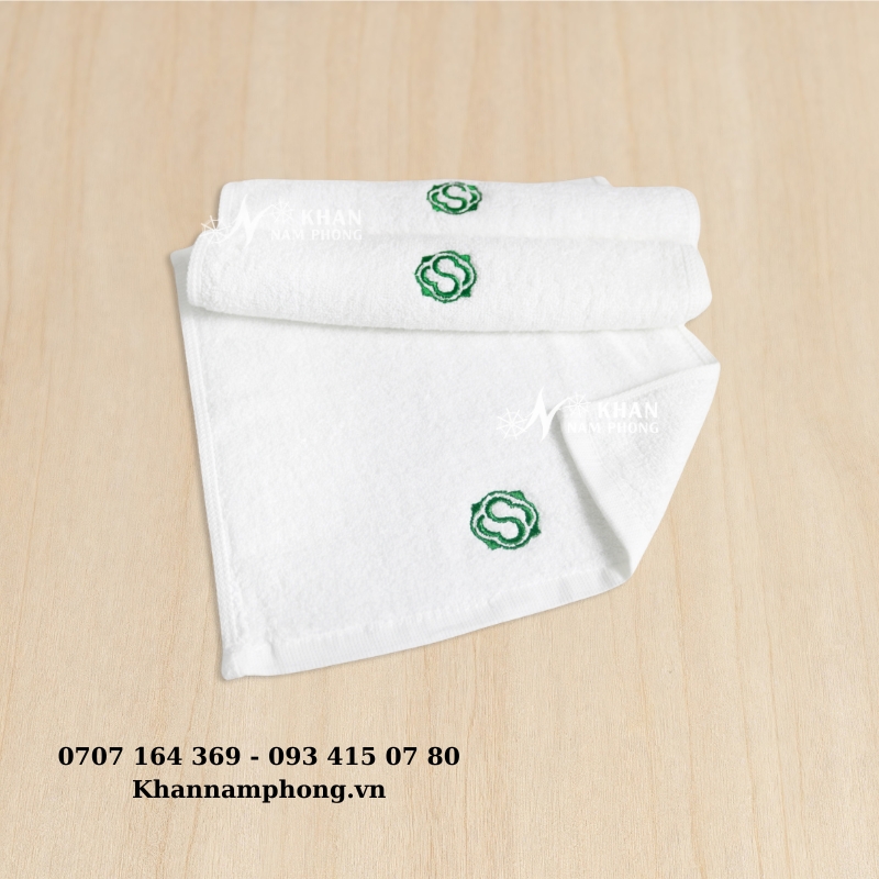 Khăn Spa Thêu Logo Vuông 34x34cm Màu Trắng 100% Cotton