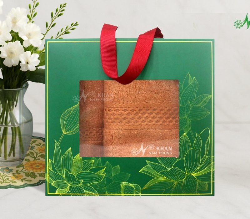 Set 2 Khăn Quà Tặng VBamboo 28x50cm & 50x100cm Màu Cam Đóng Hộp Kéo Xanh Lá
