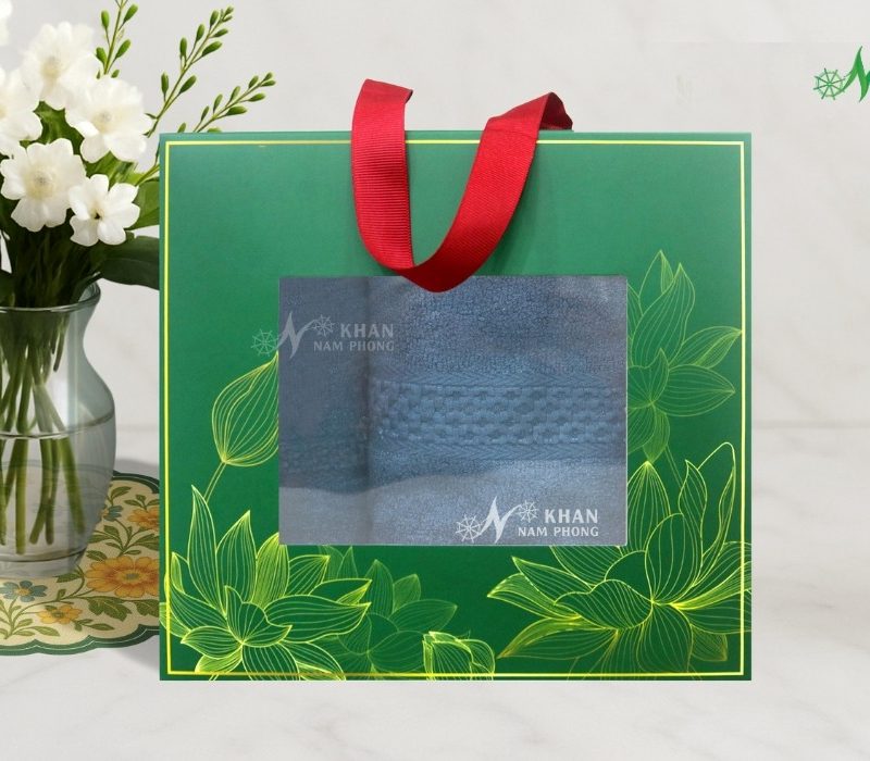 Set 2 Khăn Quà Tặng VBamboo 28x50cm & 50x100cm Màu Xanh Bụi Đóng Hộp Kéo Xanh Lá