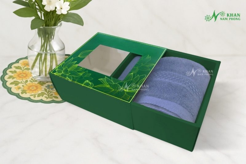 Set 2 Khăn Quà Tặng VBamboo 28x50cm & 50x100cm Màu Xanh Navy Đóng Hộp Kéo Xanh Lá