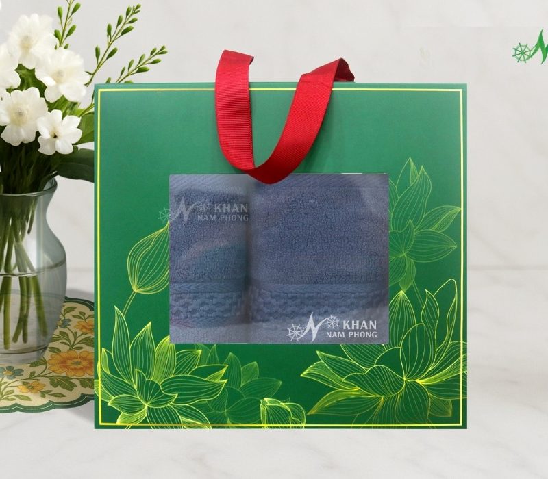 Set 2 Khăn Quà Tặng VBamboo 28x50cm & 50x100cm Màu Xanh Navy Đóng Hộp Kéo Xanh Lá