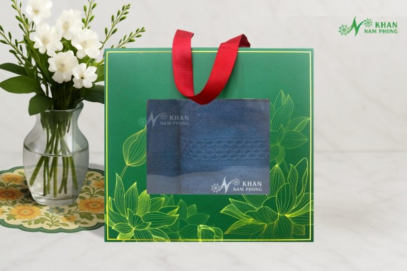 Set 2 Khăn Quà Tặng VBamboo 28x50cm & 50x100cm Màu Xanh Vintage Đóng Hộp Kéo Xanh Lá