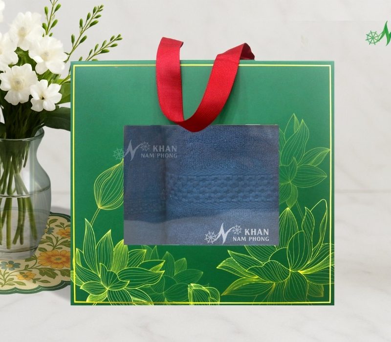 Set 2 Khăn Quà Tặng VBamboo 28x50cm & 50x100cm Màu Xanh Vintage Đóng Hộp Kéo Xanh Lá