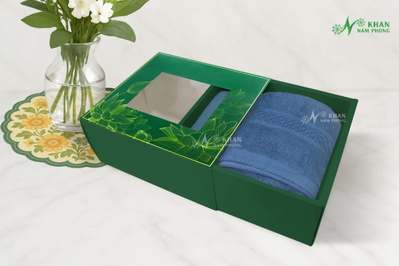 Set 2 Khăn Quà Tặng VBamboo 28x50cm & 50x100cm Màu Xanh Vintage Đóng Hộp Kéo Xanh Lá