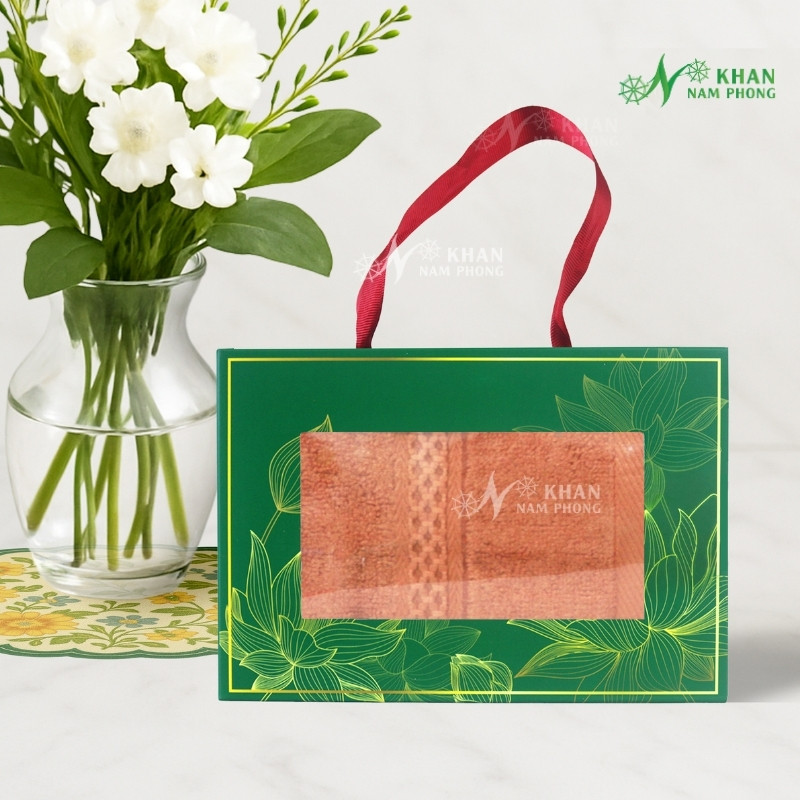 Set Khăn VBamboo Quà Tặng Cao Cấp 34x80cm Màu Cam Đóng Hộp Kéo Xanh Lá