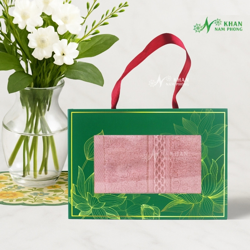 Set Khăn VBamboo Quà Tặng Cao Cấp 34x80cm Màu Hồng Đóng Hộp Kéo Xanh Lá