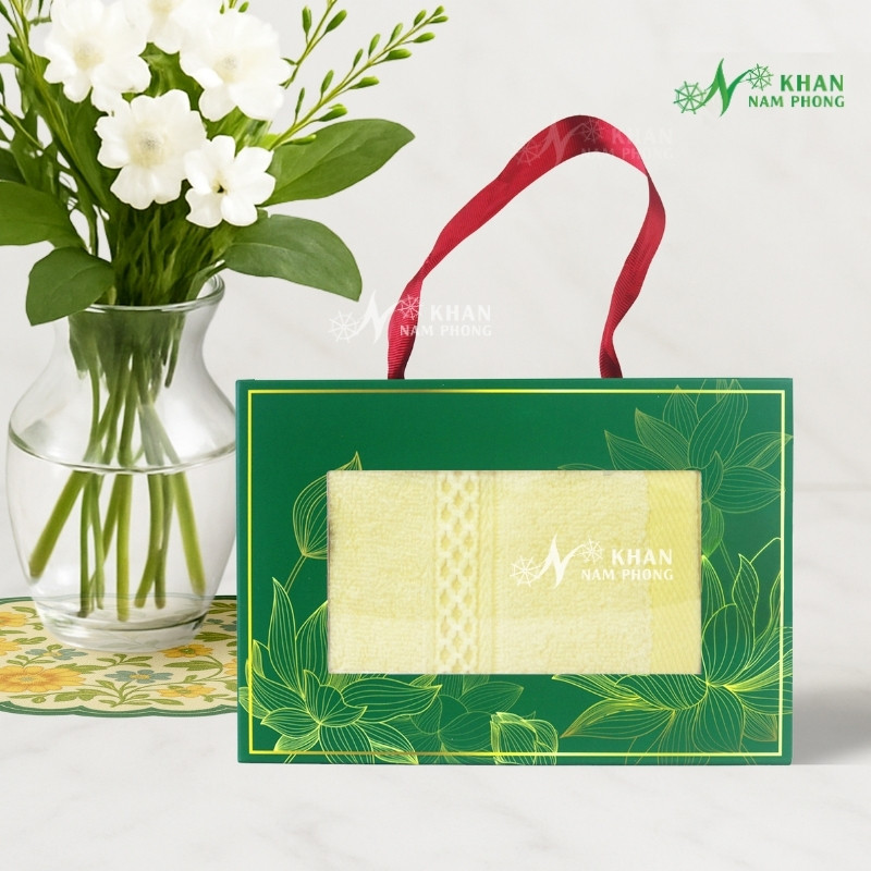 Set Khăn VBamboo Quà Tặng Cao Cấp 34x80cm Màu Vàng Đóng Hộp Kéo Xanh Lá