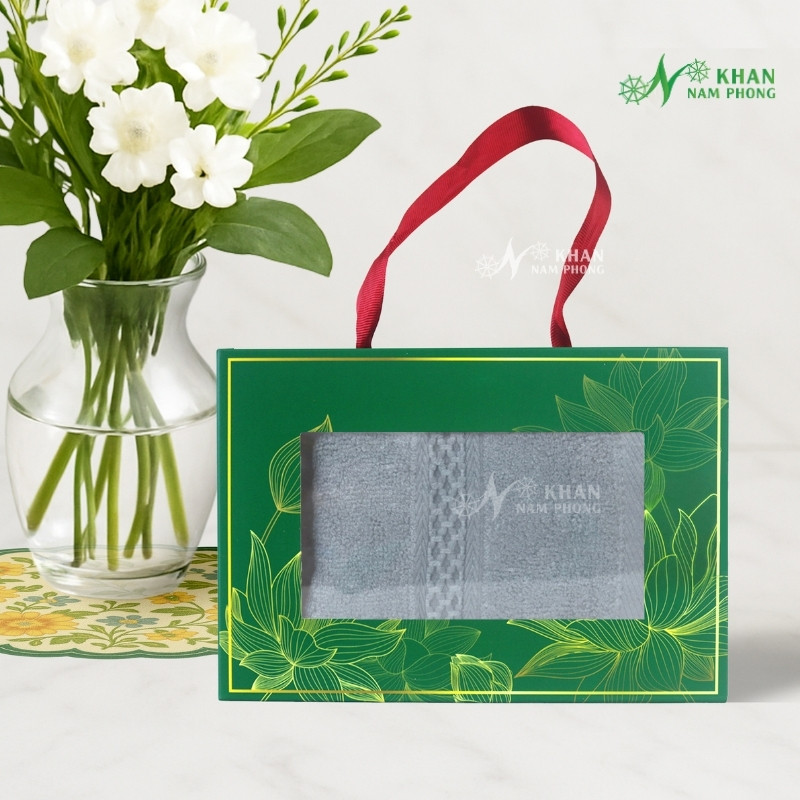 Set Khăn VBamboo Quà Tặng Cao Cấp 34x80cm Màu Xám Đóng Hộp Kéo Xanh Lá
