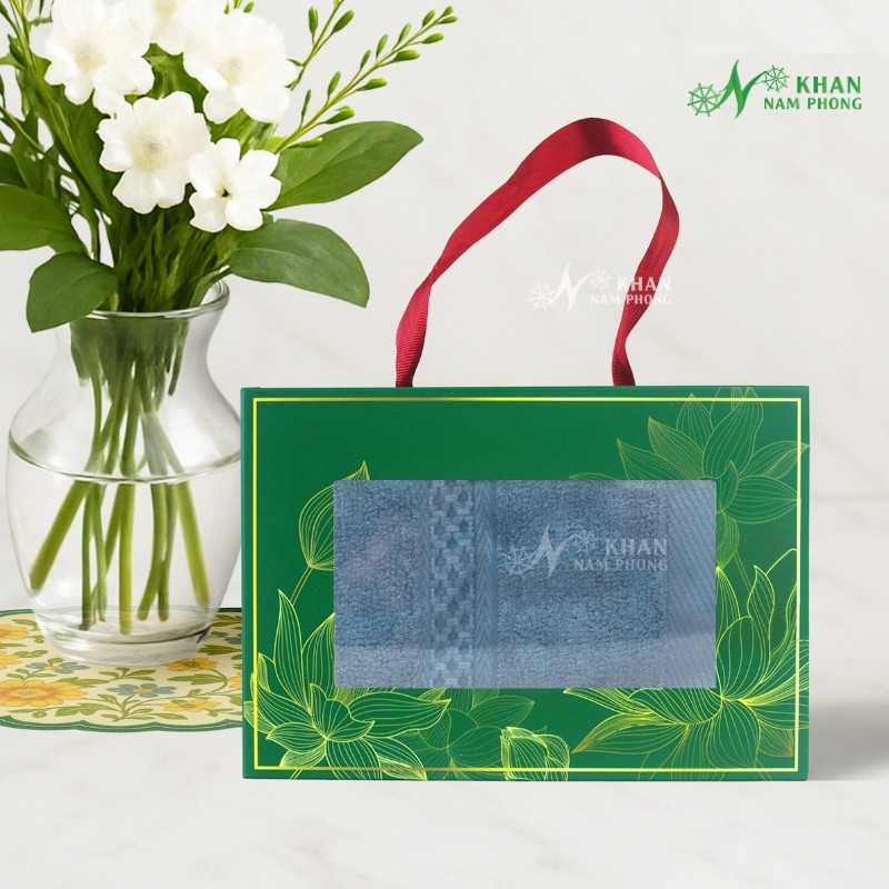 Set Khăn VBamboo Quà Tặng Cao Cấp 34x80cm Màu Xanh Bụi Đóng Hộp Kéo Xanh Lá