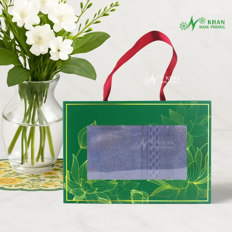Set Khăn VBamboo Quà Tặng Cao Cấp 34x80cm Màu Xanh Navy Đóng Hộp Kéo Xanh Lá