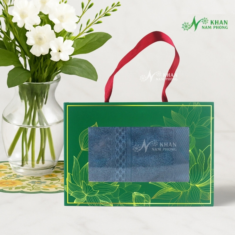 Set Khăn VBamboo Quà Tặng Cao Cấp 34x80cm Màu Xanh Vintage Đóng Hộp Kéo Xanh Lá