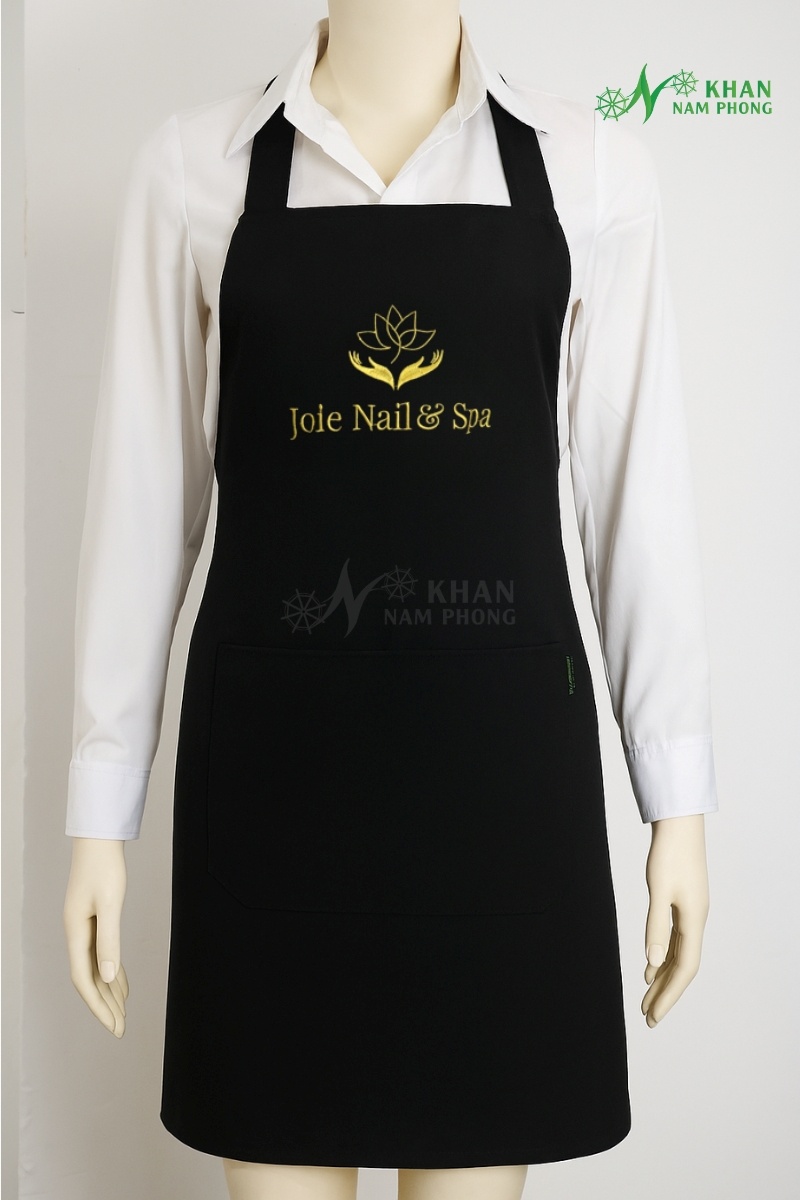 Tạp dề nail cổ vuông màu đen cotton lạnh thêu logo Joie Nail Spa freesize