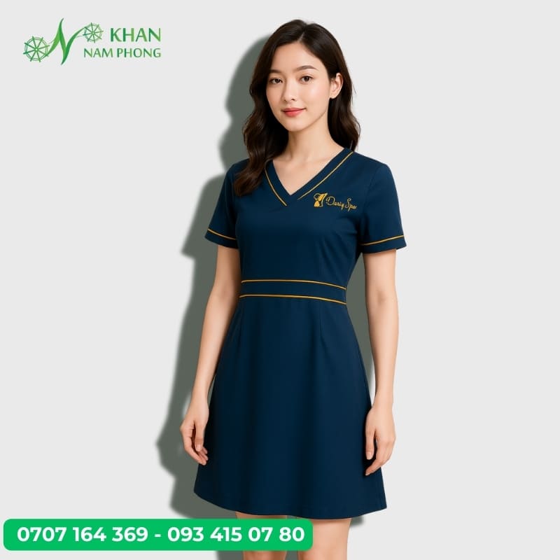 Mẫu Váy Đồng Phục Spa Dạng Váy Thêu Logo Màu Xanh Đen