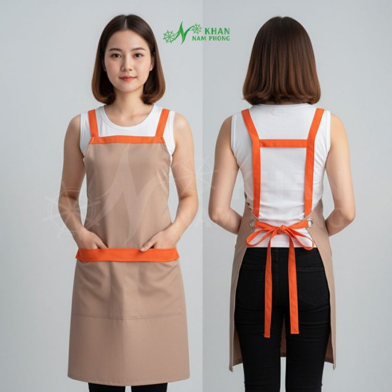 Người mẫu kỹ thuật viên trải nghiệm sử dụng Tạp dề chữ H tại xưởng Khăn Nam Phong