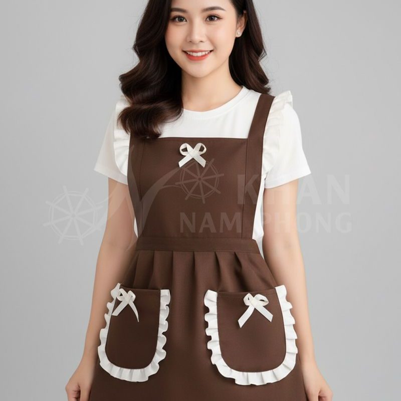 Người mẫu kỹ thuật viên trải nghiệm sử dụng Tạp dề phong cách hàn quốc tại xưởng Khăn Nam Phong