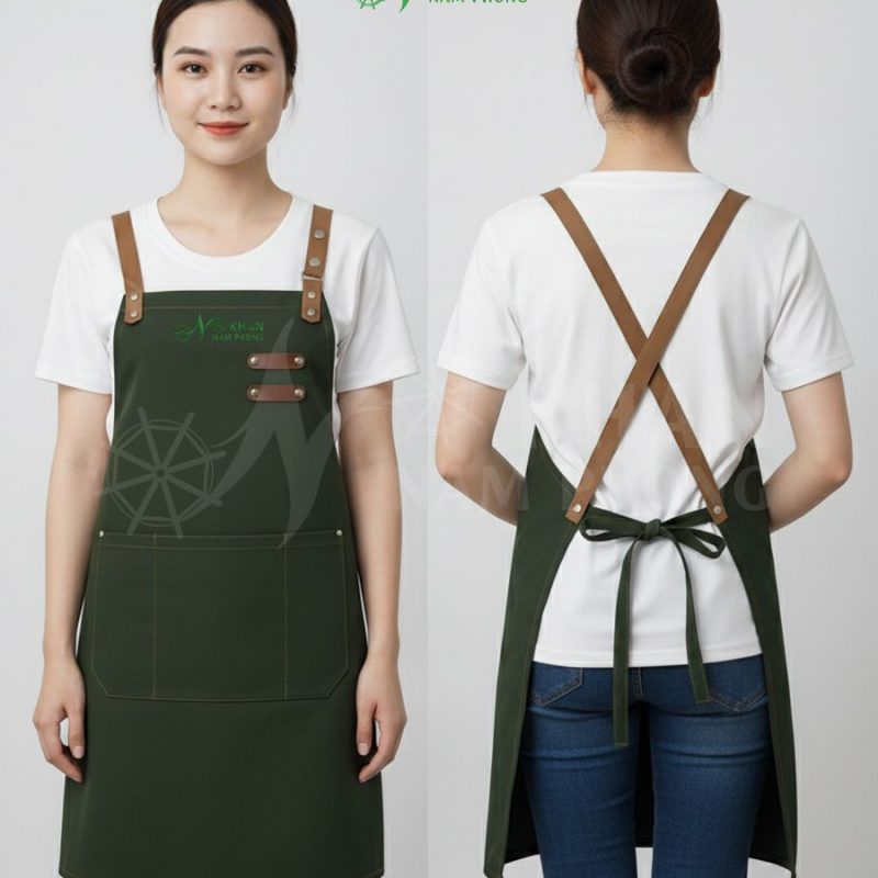 Người mẫu kỹ thuật viên trải nghiệm sử dụng Tạp dề quán nướ tại xưởng Khăn Nam Phong
