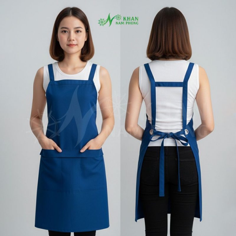 Người mẫu kỹ thuật viên trải nghiệm sử dụng Tạp dề xanh dương tại xưởng Khăn Nam Phong