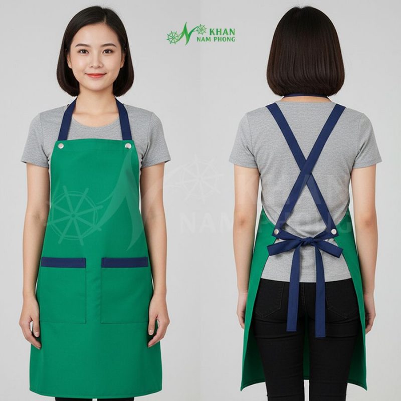 Người mẫu kỹ thuật viên trải nghiệm sử dụng Tạp dề xanh lá, xanh lá cây tại xưởng Khăn Nam Phong