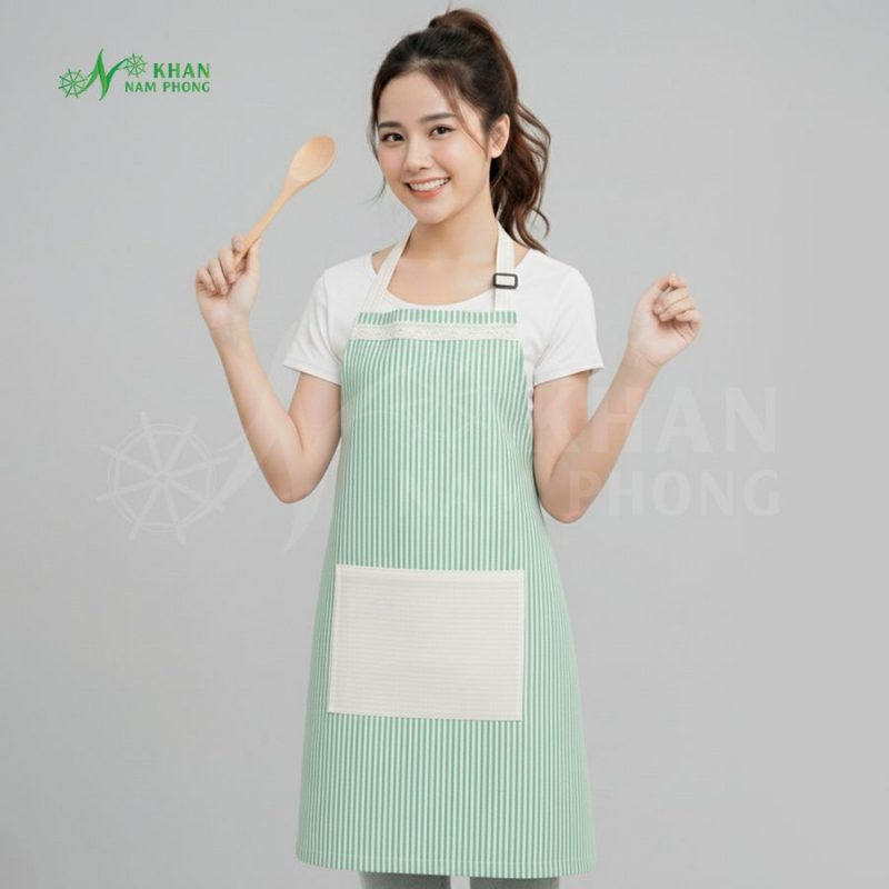 Người mẫu kỹ thuật viên trải nghiệm sử dụng Tạp dề xanh mint tại xưởng Khăn Nam Phong