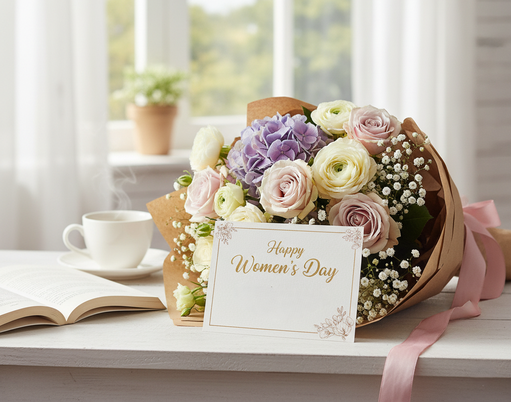 Hoa tươi và thiệp chúc mừng cá nhân hóa.