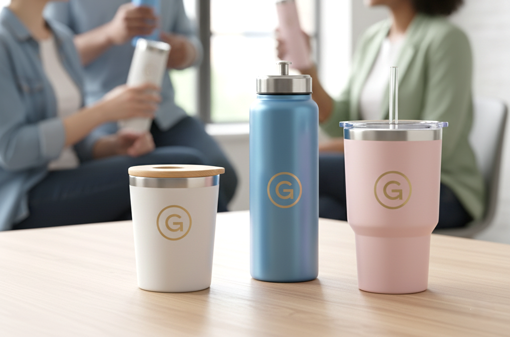 Cốc giữ nhiệt hoặc bình nước in logo công ty.