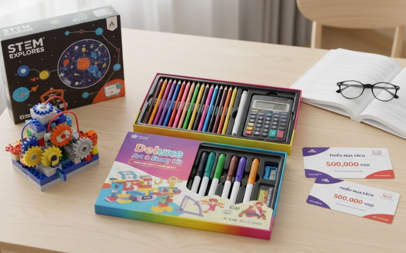 Quà Tặng Khai Giảng Ý Nghĩa Thiết Thực Cho Năm Học Mới Bộ đồ dùng học tập thông minh, đồ chơi giáo dục, phiếu mua sách