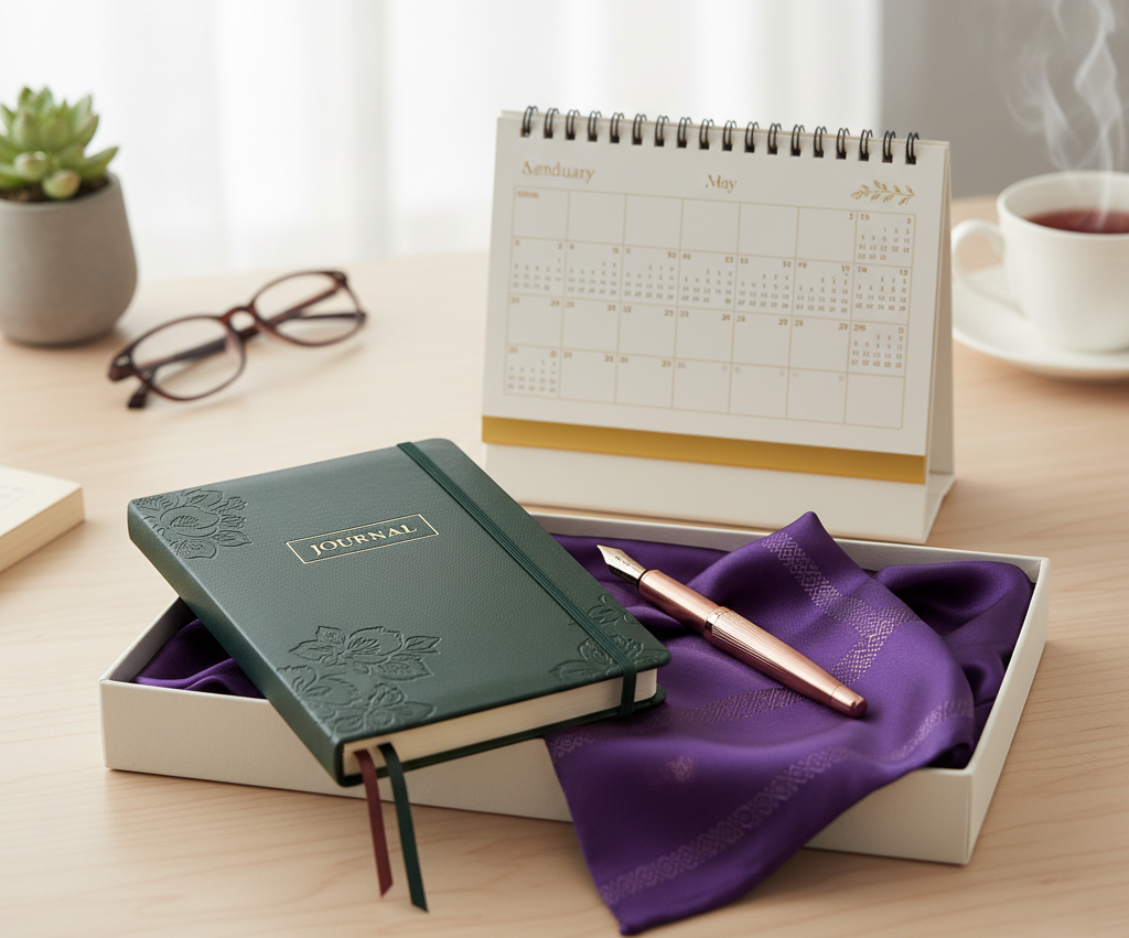 Sổ tay, bút ký hoặc lịch bàn cao cấp.