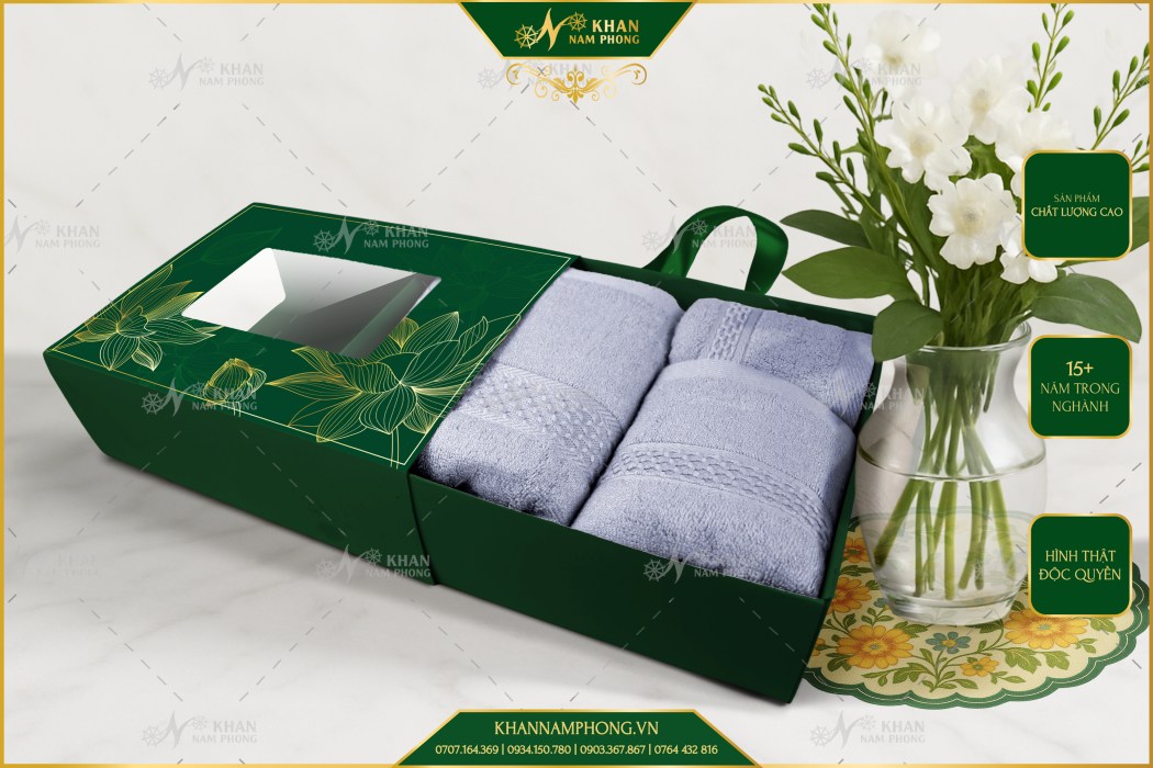 Tặng Quà Gì Cho Người Xuất Gia Vừa Ý Nghĩa Và Tinh Tế? Hộp quà tặng 3 khăn bamboo màu xanh cao cấp