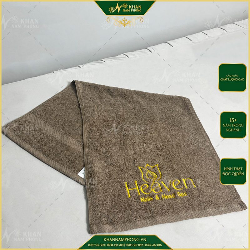 Khăn Làm Nail Cotton 34X80 cm Thêu Logo Heaven Màu Nâu Tây