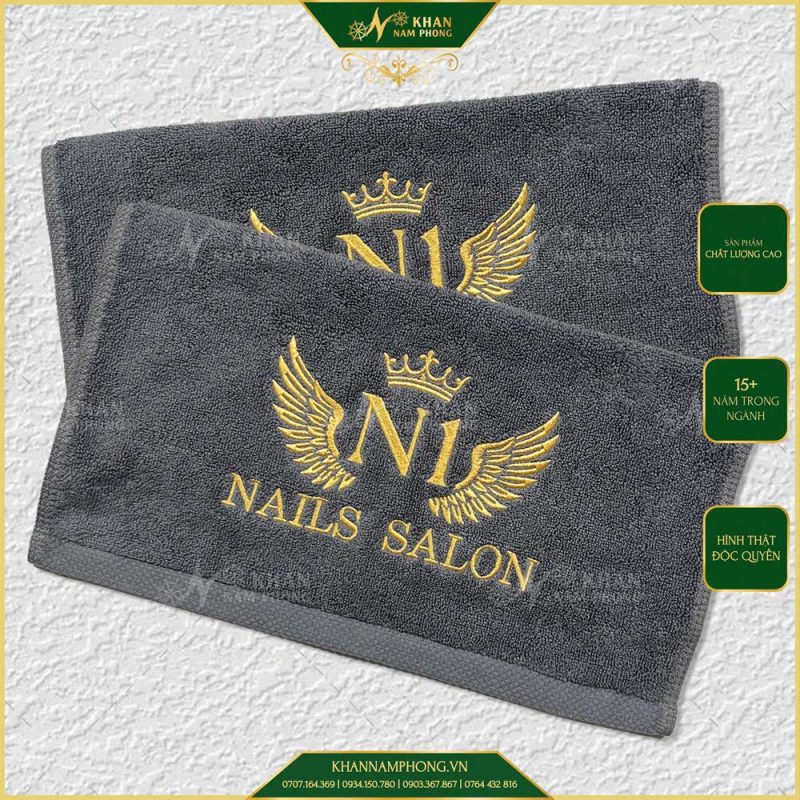 Khăn Tay Làm Nail Cotton Màu Xám Và Vàng Bò 34x34, 40x60cm Thêu Logo N1 Nail Salon