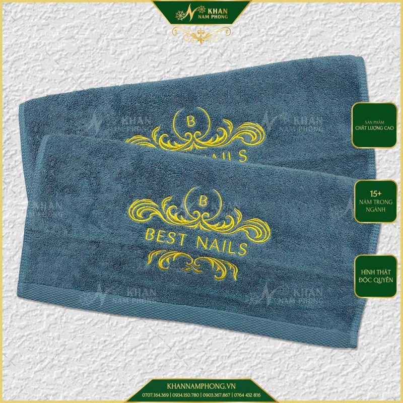 Khăn Tay Làm Nail Pedicure 34x34cm Thêu Logo Best Nail Màu Xanh Vintage