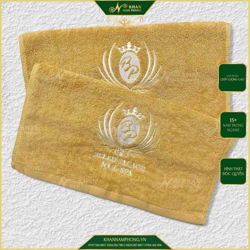 Khăn Manicure 40x60cm Cotton Màu Vàng Bò Thêu Logo BELEE PLACE NAIL SPA